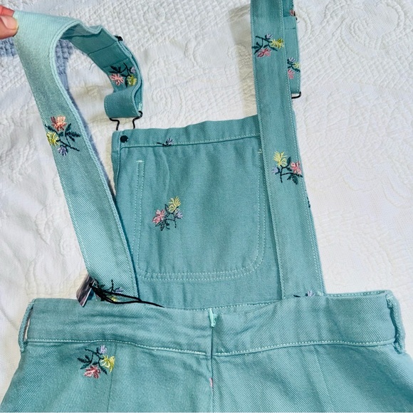 Floral Embroidery Pocket Romper NWT Cider Size Small Teal Blue Green 100% Cotton - Picture 7 of 12